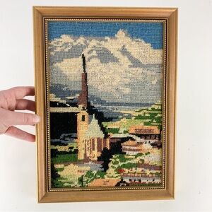 Vintage Complete Cross Stitch Church Swiss Alps Clouds Nature Landscape Religion